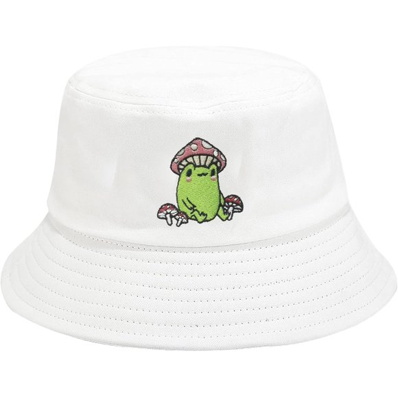 shiyou-Frog with Mushroom Embroidered Bucket Hats, Frog With Mushroom (White), One Size