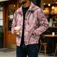 thumbnail image 5 of GrmtClth Autumn Mens Leaf Camo Retro Lapel Trucker Jacket Long Sleeve Snap Placket Loose Fit Fall Daily Outerwear Pink S, 5 of 7