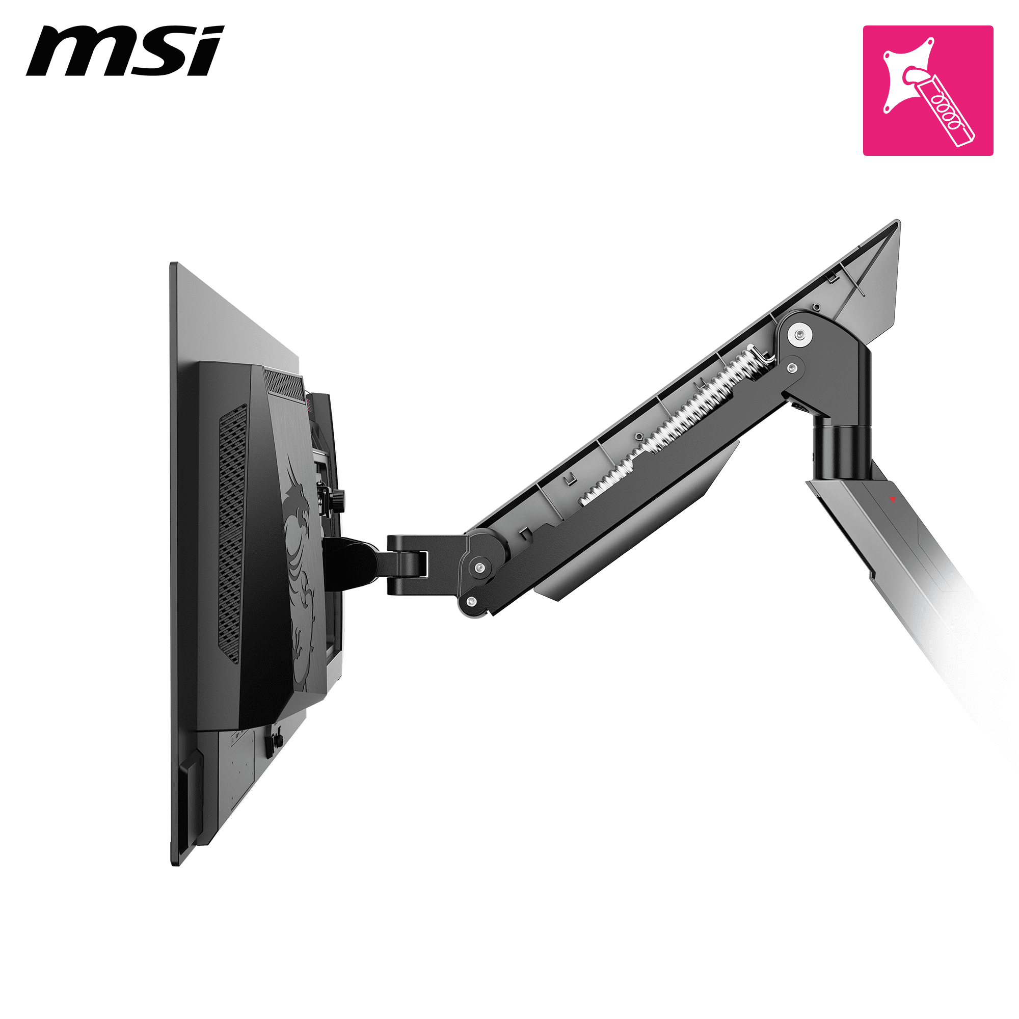 MSI MPG MT161R WMT Single Spring Gaming Monitor Desk Arm, Fully Adjustable Full Motion VESA Mount for up to 17 - 45 inch screen, RGB LED, Tool-free Installation, Clamp & Grommet, Cable Management