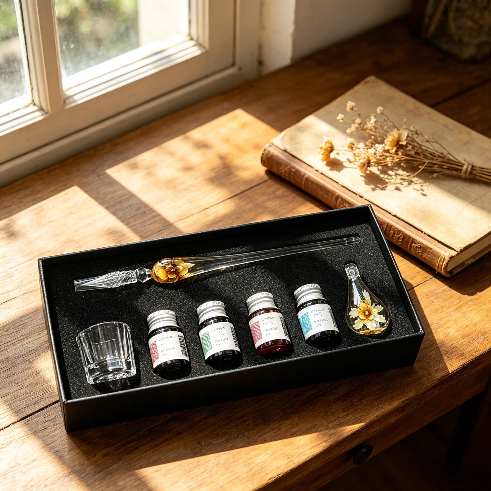 Crystal Glass Dip Pen Set, Flower Glass Writing Pen Kit, Calligraphy Ink Pen With Ink Bottles Pen Holder Cleaning Cup, Vintage Signature Pen Gift Set, Art Writing Supplies