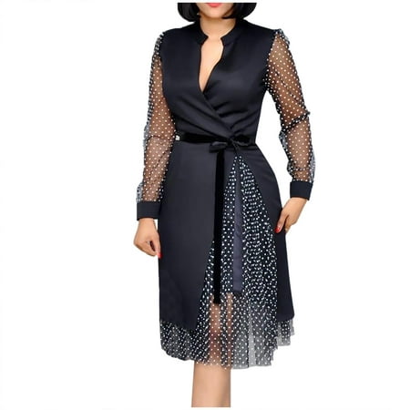 

Womens Splicing Point Print V Neck Split Fork Long Dress