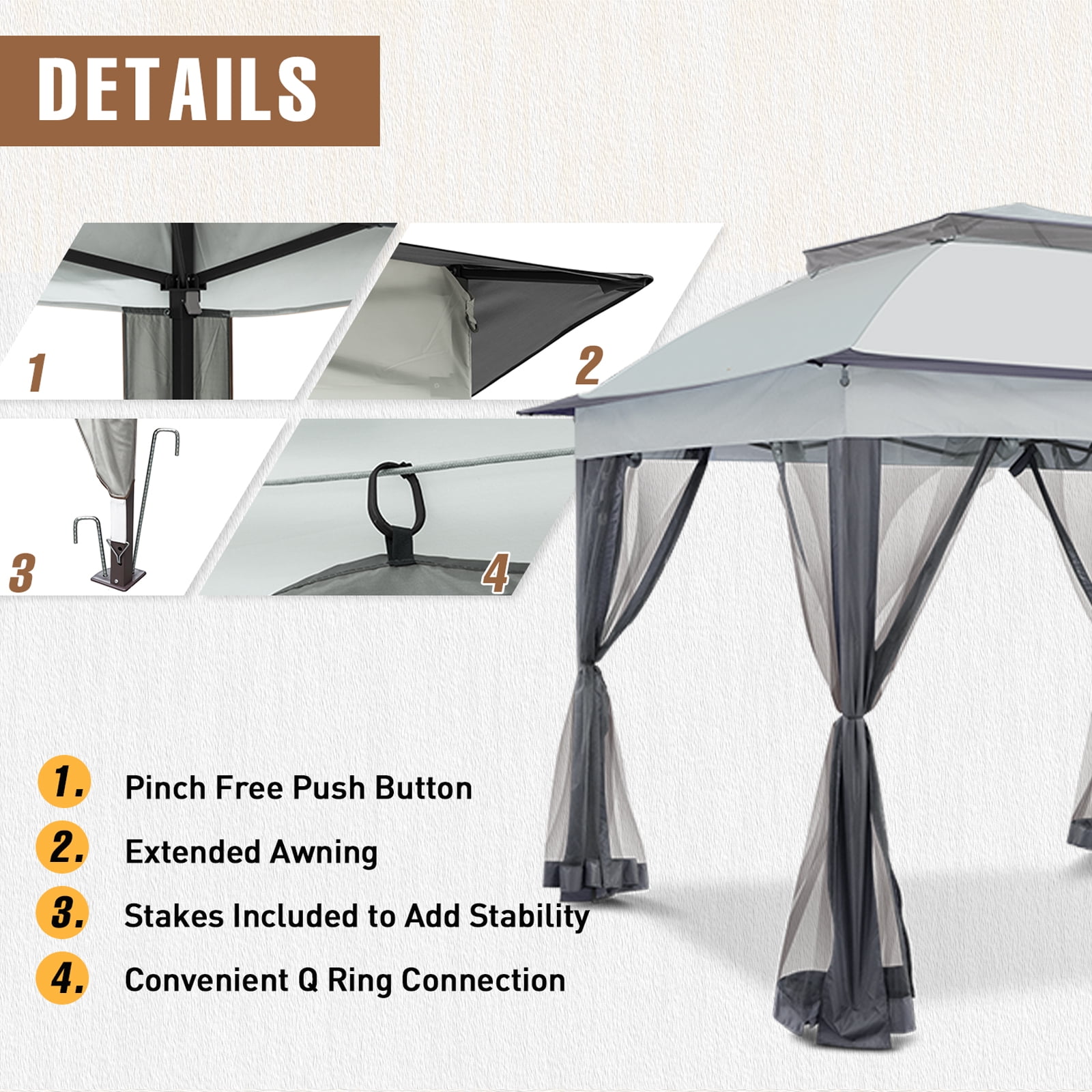 INTER HUT 11x11 Outdoor Pop up Gazebo Tent with Mesh Walls for Patio, Lawn, Backyard and Deck, Gray