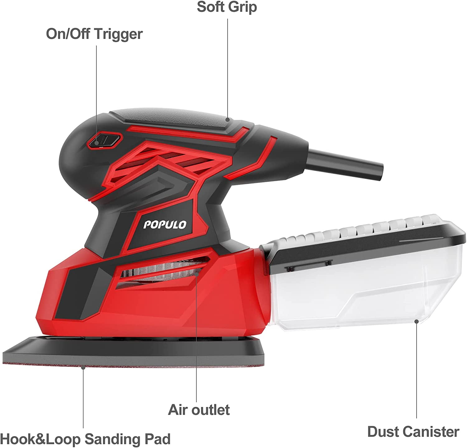 POPULO Detail Sander Palm Sander,14,000 OPM Electric Detail Sander with 12 Pieces Sandpapers, Power Sander with Dust Box for Woodworking