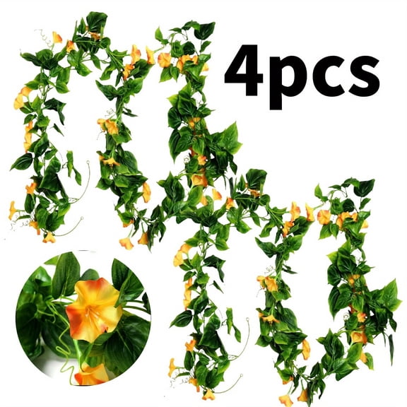 4-Pack Artificial Morning Glory Vines, 15-Foot Fake Flower Garland with Yellow Blooms for Indoor Outdoor Hanging Decor