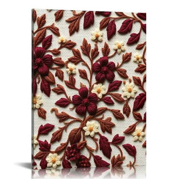 RKSupls Embroidered Burgundy Floral Canvas Wall Art, Canvas Prints Wall Art for Living Room Bedroom Entryway Office, Art Print Painting for Home Decor
