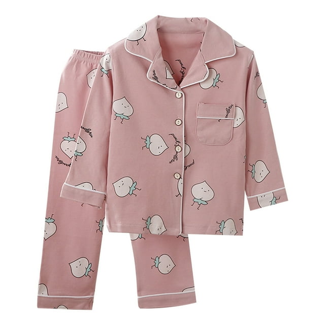 Hiiyo Big Girls Pajamas Cartoon Print Long Sleeve Button Shirt Pants Homewear Outfits
