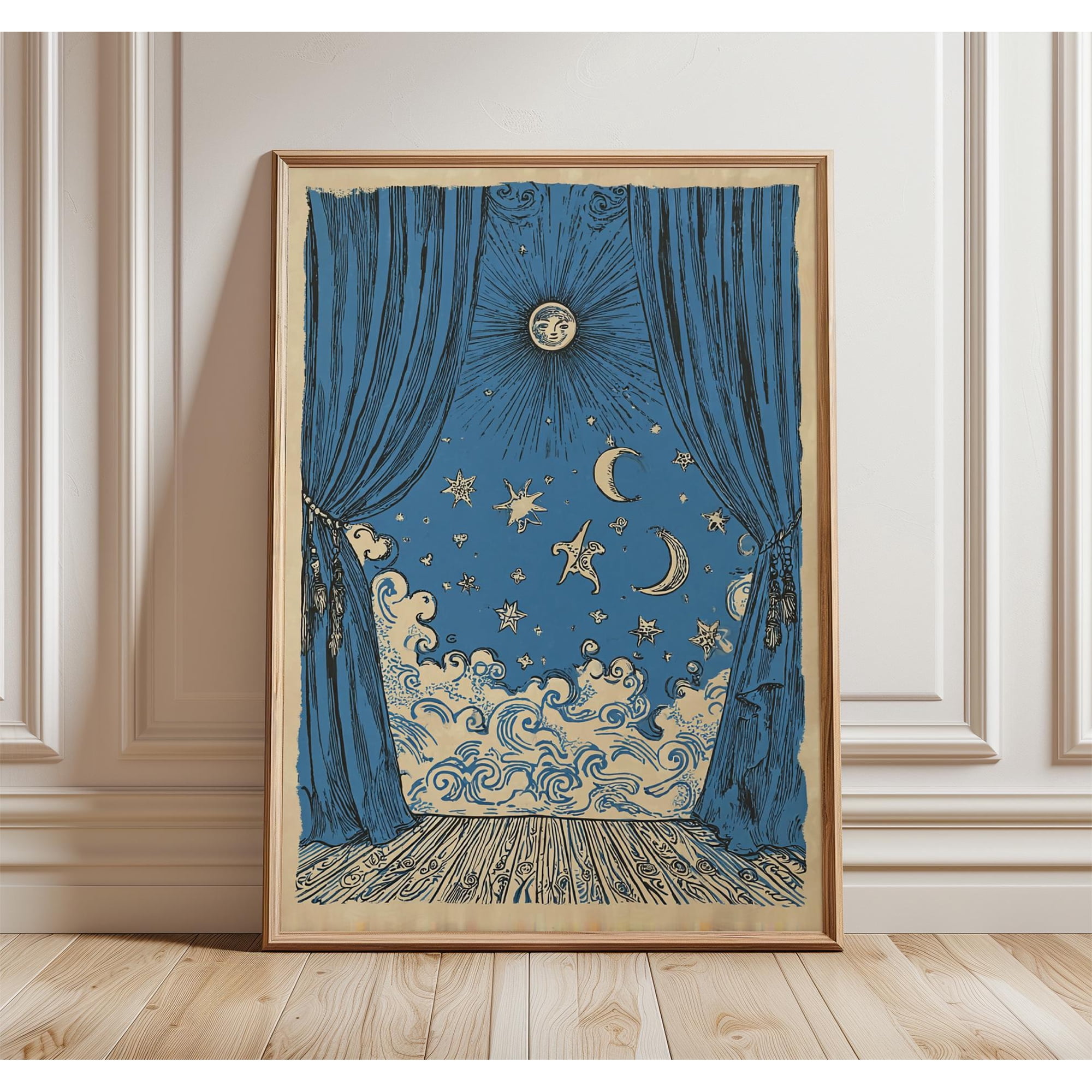 Celestial Curtain Wall Art Print Moon And Stars Illustration Poster Vintage Mystical Sky Artwork