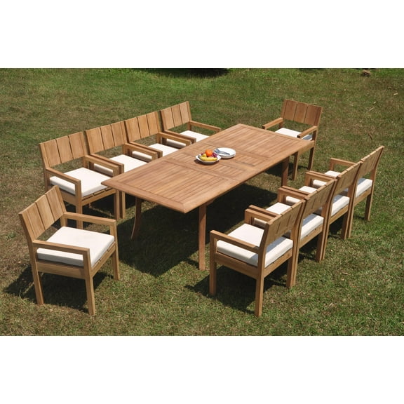 Grade-A Teak Dining Set: 10 Seater 11 Pc: 94" Double Extension Rectangle Table And 10 Veranda Arm Chairs Outdoor Patio WholesaleTeak #WMVR1