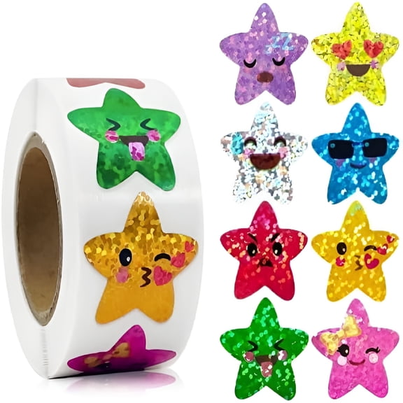 CCOCC 500Pcs Smiley Face Star Stickers for Kids Reward,1inch 8 Colored Sparkly Foil Star Stickers for Student Planner and School Classroom Teacher Supplies