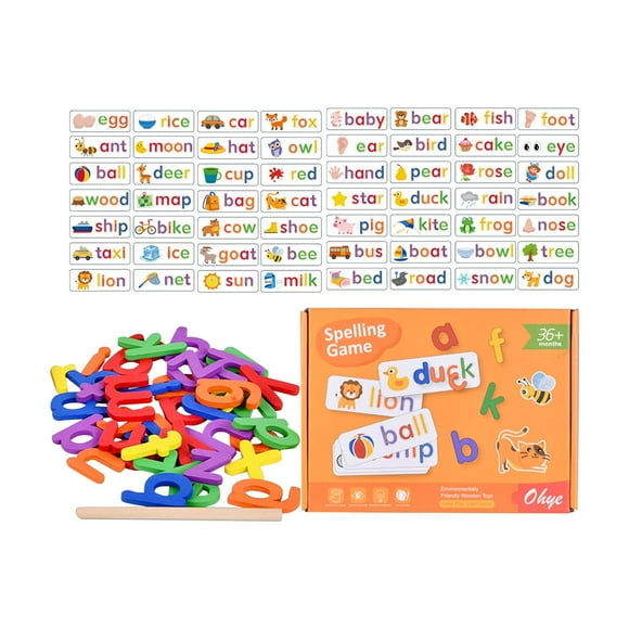 Wooden Letter Block Preschool Learning Toys Learn to Write and Spelling with 28 Flash Cards Word Spelling Game for Ages 3-8 Preschool Kids