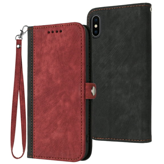 ELEHOLD for iPhone XS/X Wallet Case with Detachable Wrist Strap Handbag, Luxury PU Leather Flip Soft TPU Built-in Magnetic Card Slots Kickstand Function Shockproof Protective Cover Case,Red
