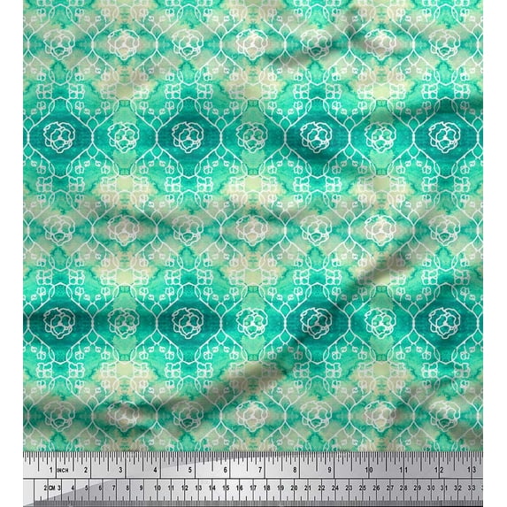 Soimoi Green Cotton Cambric Fabric Damask Watercolor Print Fabric by the Yard 56 Inch Wide