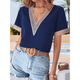 thumbnail image 4 of Blusas de Verano de Corta para Mujer con Encaje y Cuello en V, Elegantes e Informales, Color Azul Oscuro, Talla XXL, 4 of 7