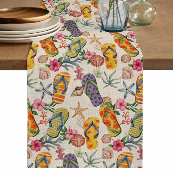 Vintage Coastal Table Runner 108 Inches, Summer Sea Starfish Coral Flip Flops Beige Bed Runner Dresser Scarves Tabletop for Indoor Outdoor Parties/Ceremony/Banquet, 13"x 108"