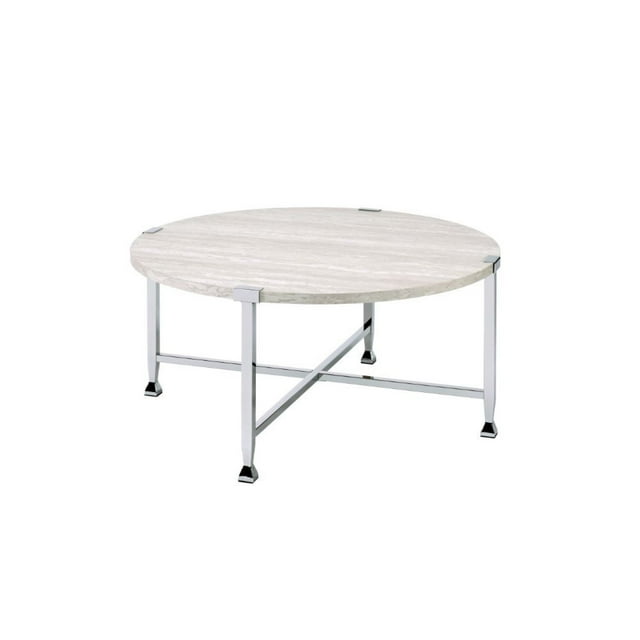 Acme Furniture Brecon Round Coffee Table with Chrome Legs, White Oak