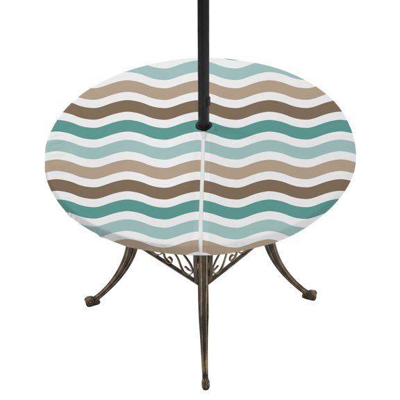 Round Outdoor Tablecloth with Umbrella Hole and Zipper, Teal Brown Ombre Tablecloth with Elastic Waterproof, Geometric Striped Water Ripple White Patio Table Covers for 31" - 35" Picnic Pool Tables