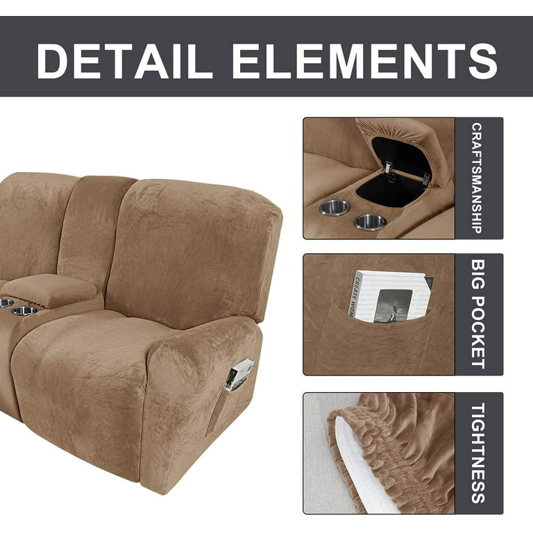 TOPCHANCES Reclining Love Seat with Middle Console Slipcover 8 Pieces Velvet Stretch Sectional Recliner Sofa Slipcover with Cup Holders 2 Seat Love