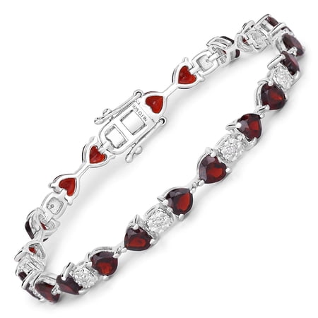 Fine Color Jewels Garnet Heart Tennis Bracelet 925 Sterling Silver Diamond Accent for Women