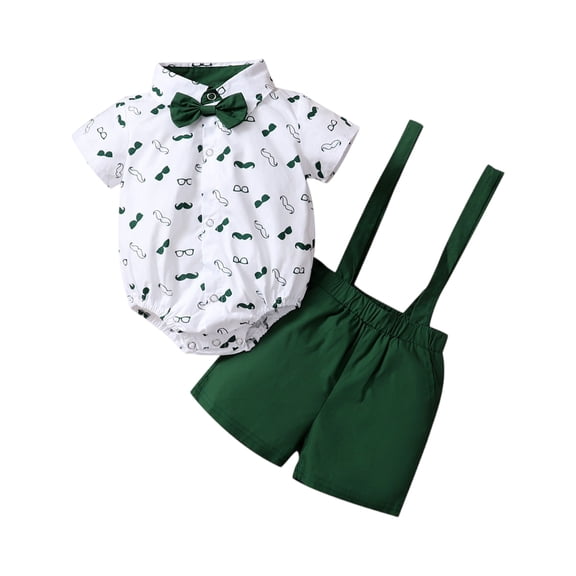 Toddler Boys 3-Piece Set, Short Sleeve Shirt with Suspenders and Bow Tie Romper, Adorable Photo Outfit for Parties, Church, and Birthday Occasions.,Army Green,70
