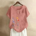 thumbnail image 2 of Youyipin Womens Spring Fashion Cotton Linen Tops Floral Print Summer Shirts Short Sleeve Round Neck Blouses Casual Loose Fit Tshirt Spring Tops For Women, 2 of 4