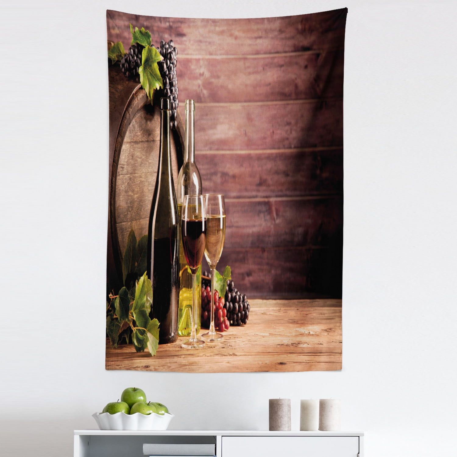 Wine Tapestry, Still Life of Wine with Wooden Keg Rustic Concept