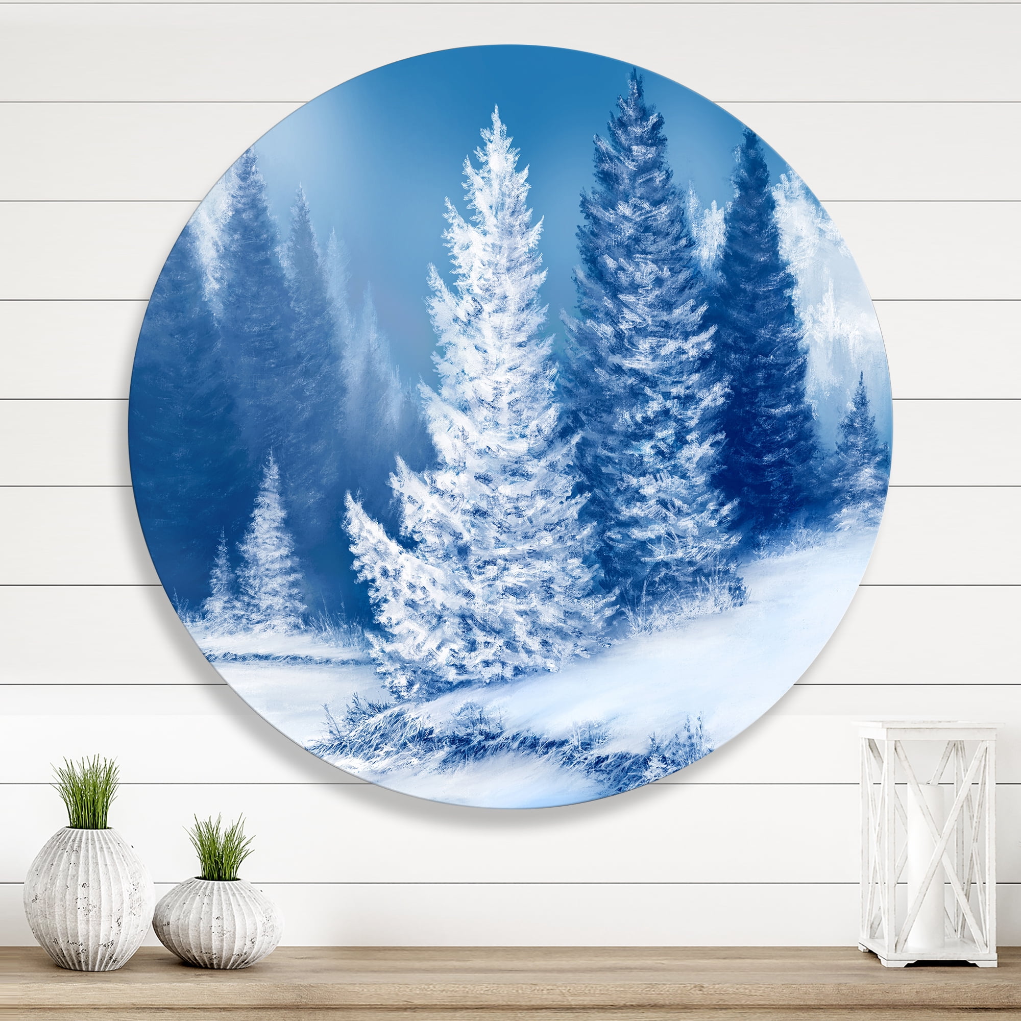 Designart 'Snow Covered Trees With Dreamlike Spruce Forest' Lake House Circle Metal Wall Art 23x23 - Disc of 23