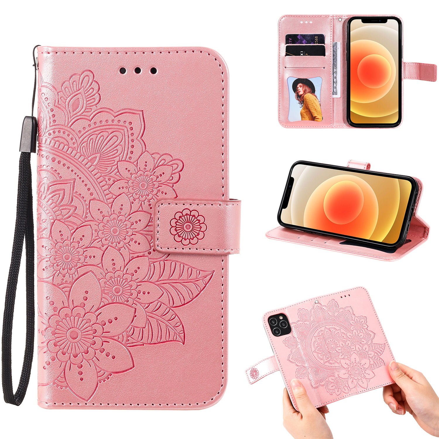 iPhone 11 Wallet Case 6.1 inch 2019, Allytech Slim Embossed FlowerPU  Leather with TPU Back Shockproof Kickstand Card Slots Magnetic Clasp  Detachable Hand Strap for Apple iPhone 11 6.1", Rosegold