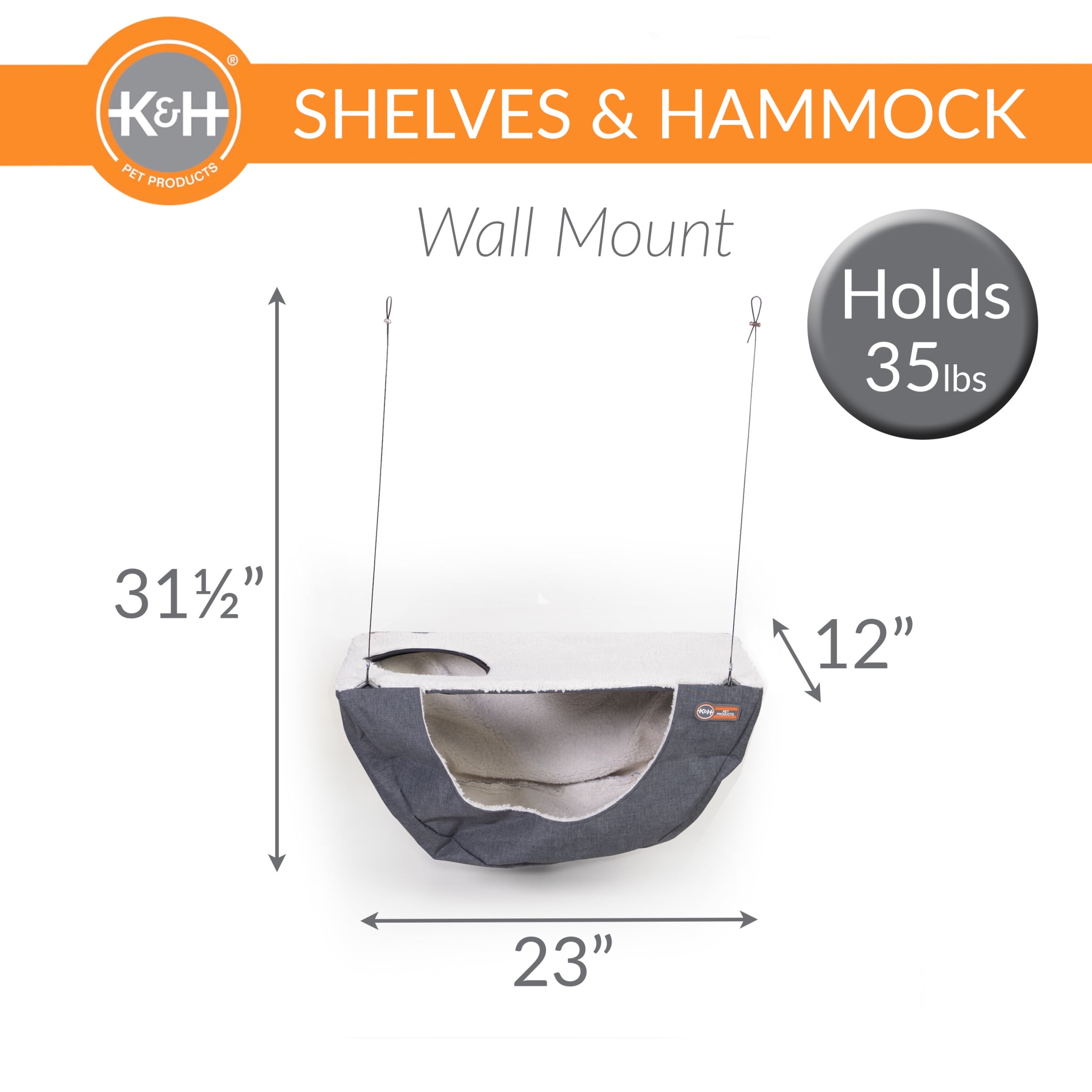 K&H Pet Products Wall Mount Cat Shelf & Cat Hammock, Single Shelf Gray/Natural, 23" x 12"