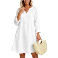 thumbnail image 2 of Guieoi Trendy Long-Sleeve V-Neck Cotton-Linen Dress with Wide Hem White S, 2 of 8
