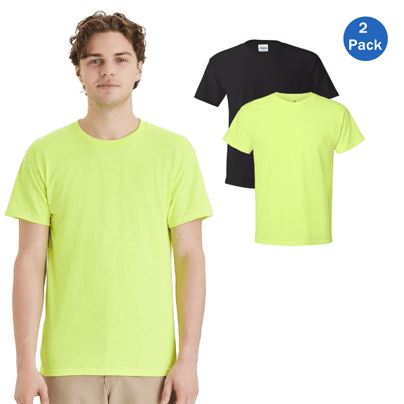 Hanes Essential High Visibility T-Shirt, 60/40 Cotton/Poly, Safety Greenand Black, 2 Pack, Sizes XL, Hi Vis Shirt