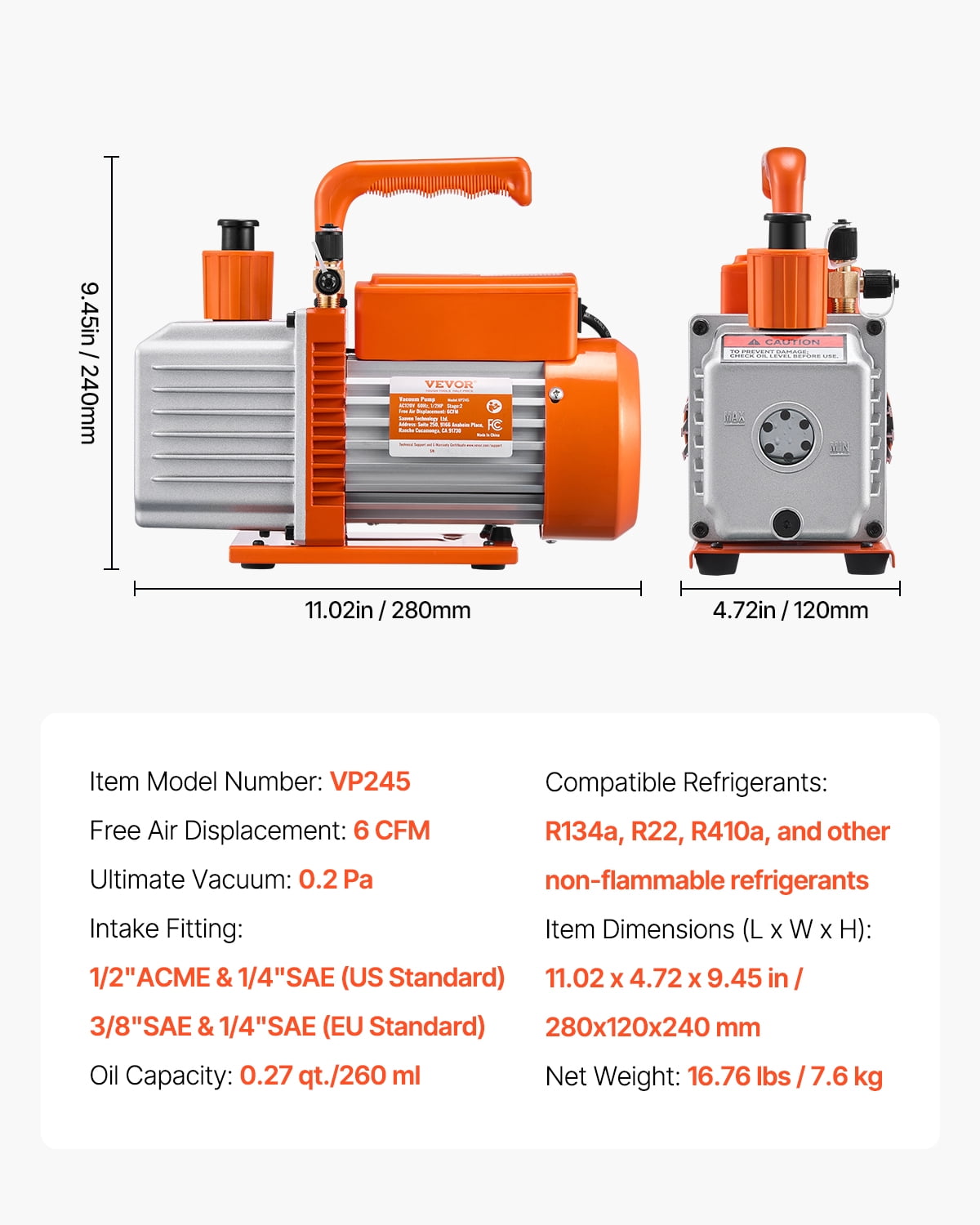 VEVOR Vacuum Pump, 6 CFM, HVAC 2 Stage Rotary Vane Vacuum Pump, for R134a R22 R410a Systems, Auto AC Vacuum Pump Kit with Oil Bottle, for Automotive Air Conditioner Maintenance Resin Degassing