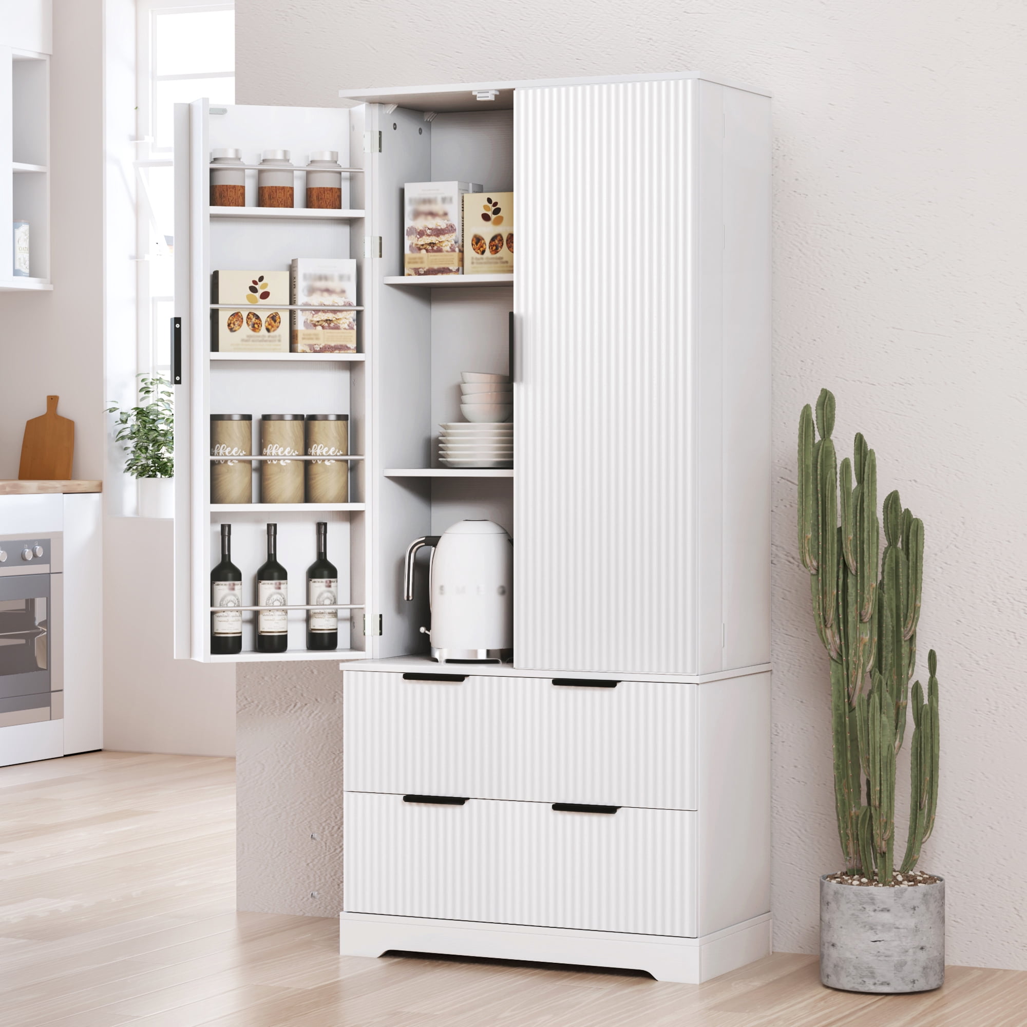 Mintazer 72" Modern Fluted French Kitchen Pantry Cabinet with 2 Large Drawers, Freestanding Storage Cabinet with Spice Racks for Kitchen Living Room Dining Room, White