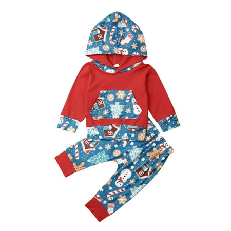 

2PCS Baby Boys Christmas Outfits Long Sleeve Hooded Jumper Top and Snowman Long Pant