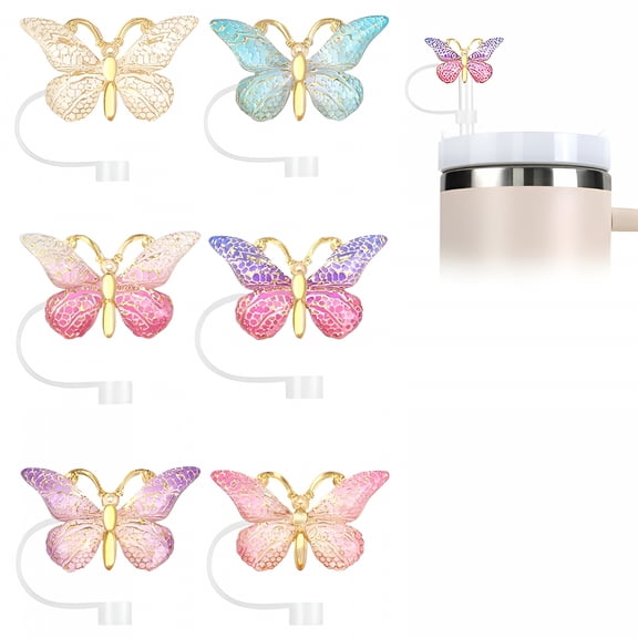 ACDANC 6Pcs Sparkling Straw Topper Cute Butterfly Cup Fitting Silicone Straw Dust