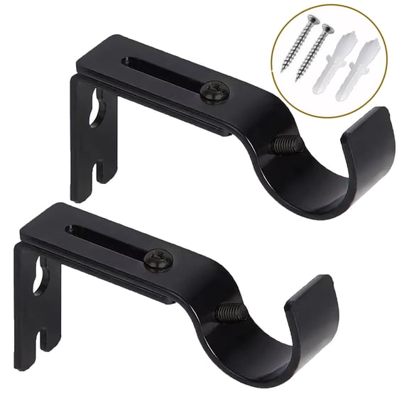 Premium Curtain Rod Brackets - 2 Pack Adjustable Wall Mounts, Curtain Rod Holders for 1 Inch Rod (Black)