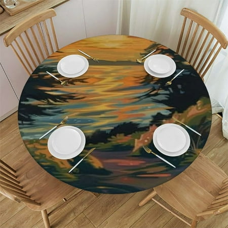 

Ullo0ord Seascape Theme Round Table Cover Elastic Edge Sunset on The Coast Pattern Waterproof Wipeable Round Table Cover Dining Room Table 42 -46