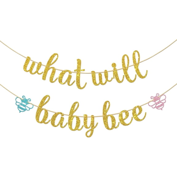 Gold Blue Pink Glitter What Will Baby Bee Banner with Bumblebee Cutouts, Bee Gender Reveal Baby Shower Party Supplies