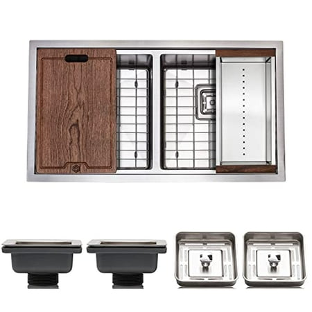 

Strictly Kitchen and Bath Undermount 32 Inch Silver Workstation Single Bowl Kitchen Sink with Accessories & Two Strainer Square Drains