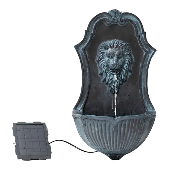 XBrand 26" Solar-Powered Wall-Mounted Lion Head Fountain, Resin, Outdoor, Gray