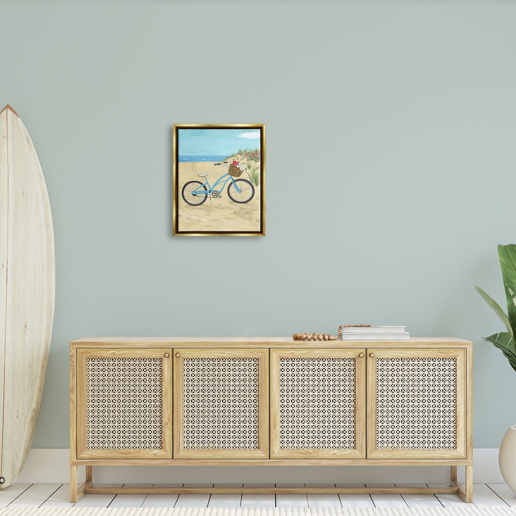 Stupell Industries Blue Bicycle Flower Blossom Basket Beach Sand Painting Metallic Gold Floating Framed Canvas Print Wall Art, Design by Sharon Lee