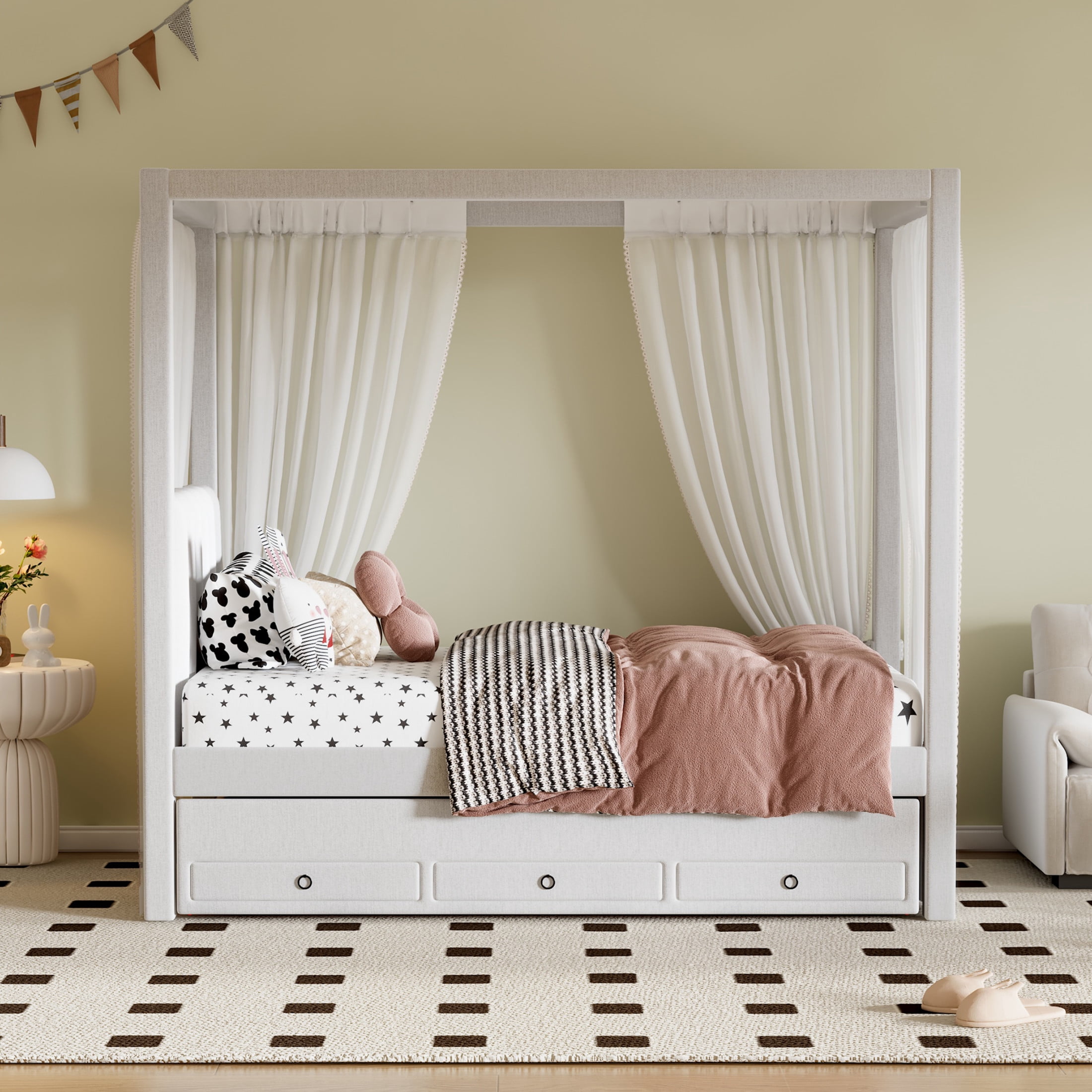 Noble House Twin Canopy Platform Bed, Linen Upholstered Frame with Trundle and Storage Drawers, Beige
