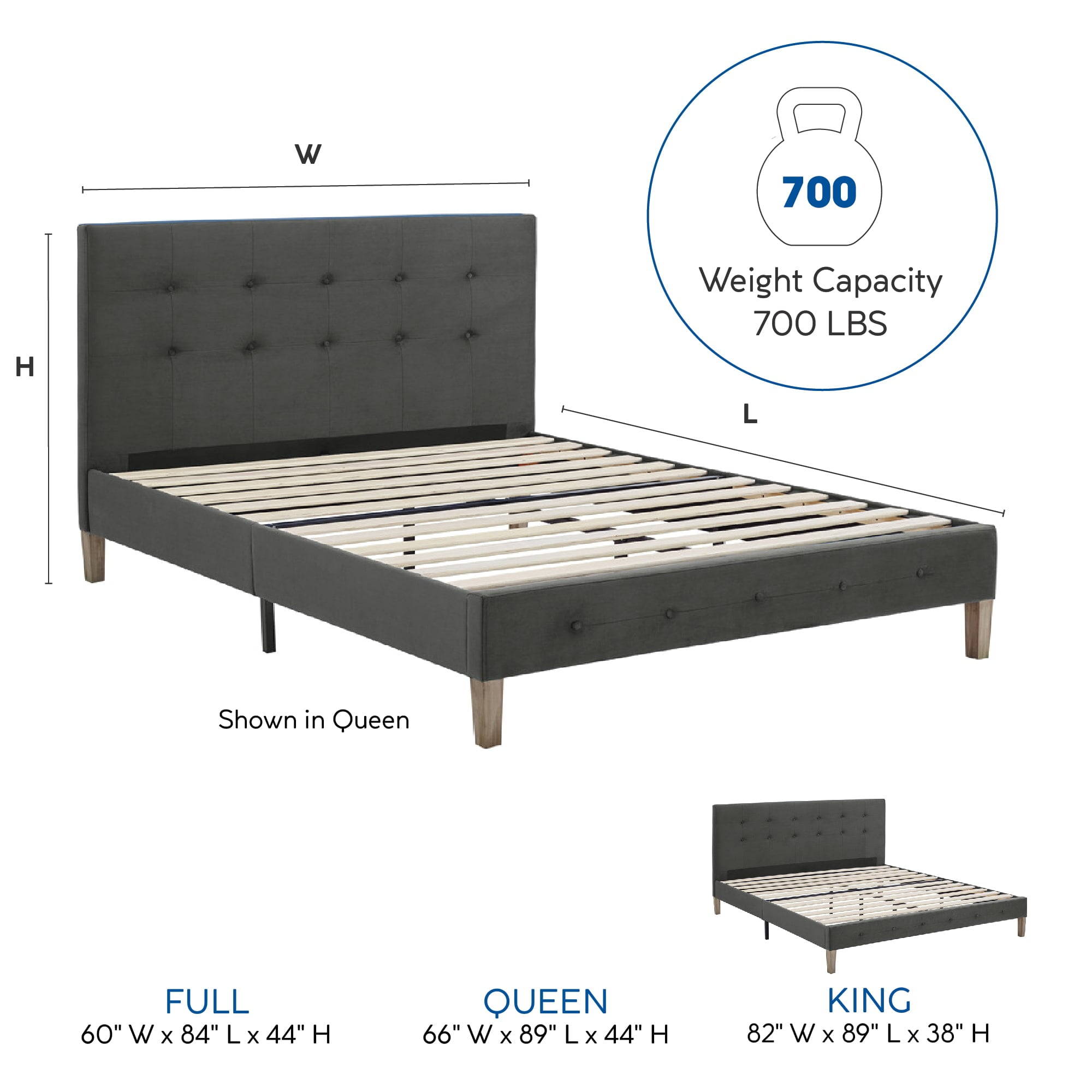 DeCoro Seattle Modern Tufted Upholstered Platform Bed | Headboard and Wood Frame with Wood Slat Support, King, Antonio Mid Night