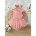 thumbnail image 3 of Elippeo Baby Girl Summer 2Pcs Outfit 3 6 12 18 Months Solid Ribbed Ruffled Sleeveless Bow Romper Dress with Headband, 3 of 9