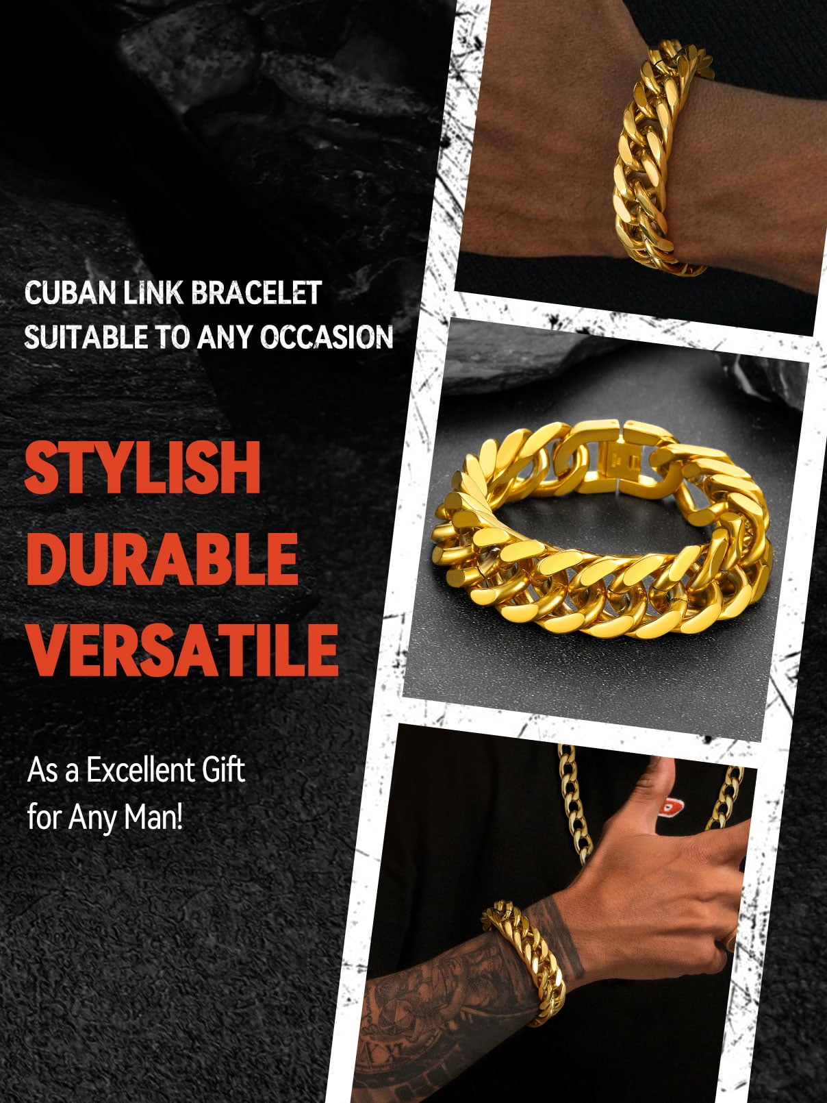 FaithHeart Cuban Curb Link Bracelets for Men, Gold Plated Stainless Steel Chain Wrist Bracelets Hip Hop Jewelry Gifts for Son Boyfriend Father's Day Christmas 17MM Width