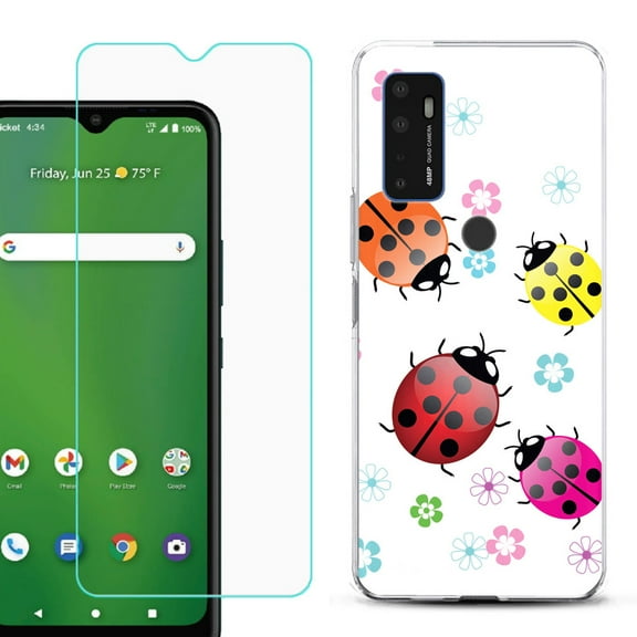 Shockproof Bumper Phone Case for AT&T Radiant Max 5G / Fusion 5G, with Tempered Glass Screen Protector, by OneToughShield ® - Ladybug