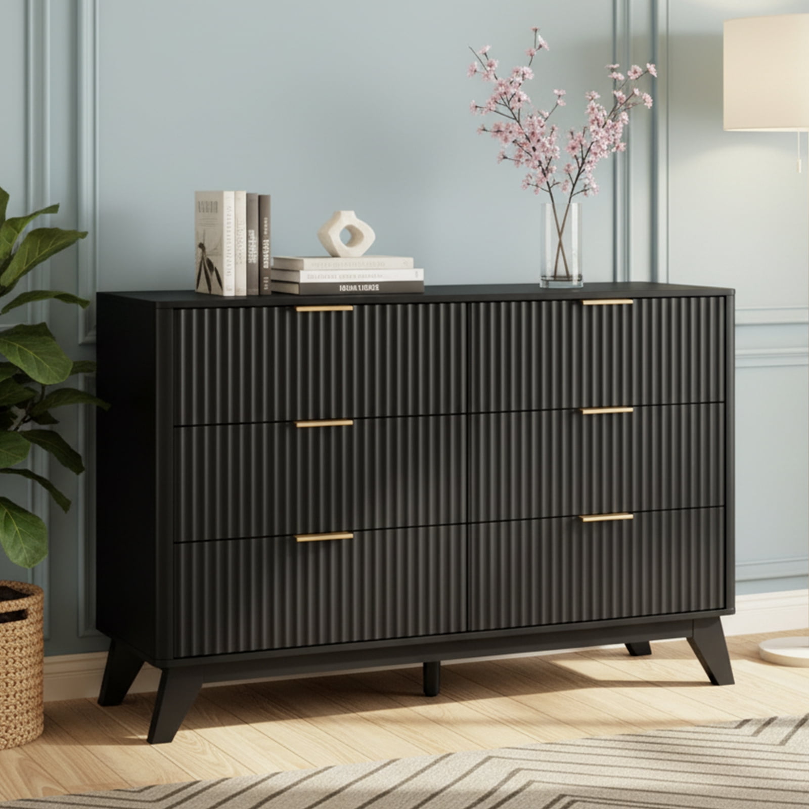 Ktaxon Modern 6 Drawer Dresser Fluted Wood Chest of Drawers with Soft Close Slides Storage Cabinet for Bedroom Living Room or Entryway Black