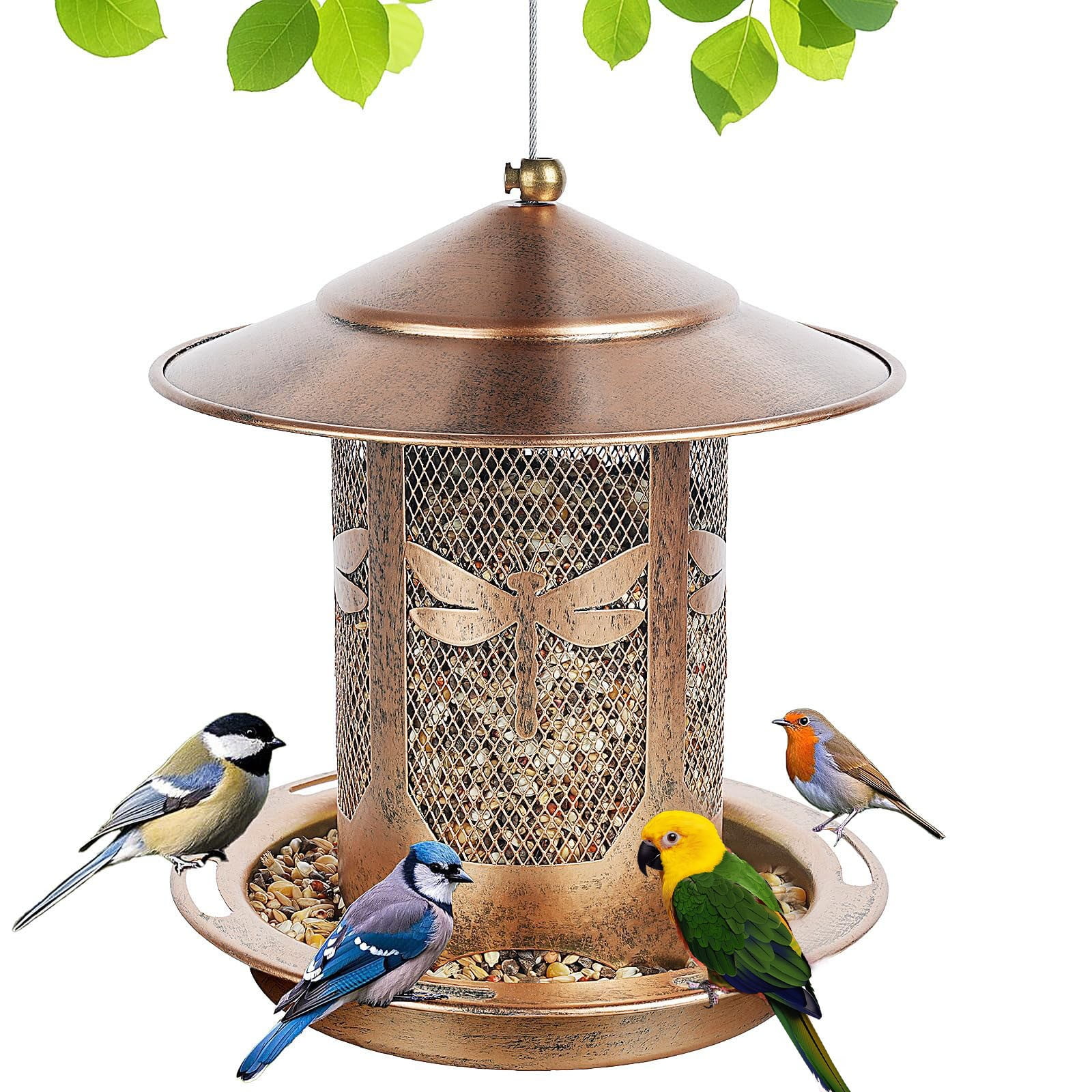 ERTZAE Metal Squirrel-Proof Hanging Bird Feeder,Outdoor Hanging Bird Feeder,2Lbs Capacity Wild Bird Feeder,Pattern Garden Drainage-Tray Bird Seed Feeder,Easy-Clean Stainless Steel Bird Feeder B