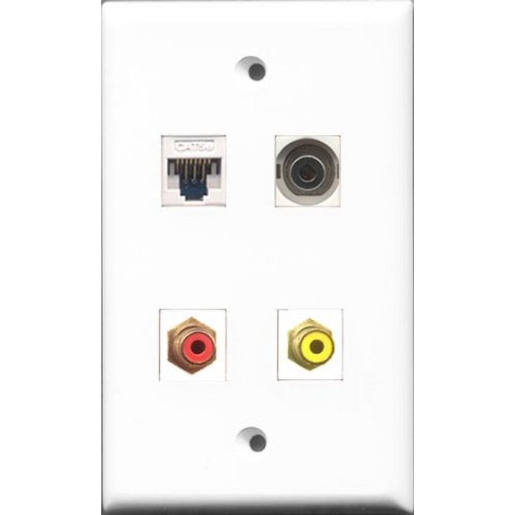 RiteAV - 1 Port RCA Red and 1 Port RCA Yellow and 1 Port 3.5mm and 1 Port Cat5e Ethernet White Wall Plate