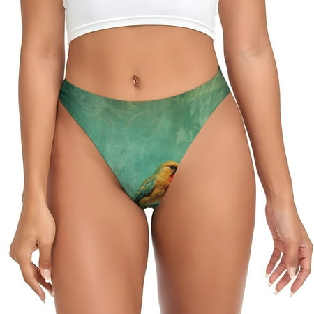 Qokaie Retro Birds Printed Women s Cotton Thong Underwear  Sexy Breathable Panties G-string-X-Small
