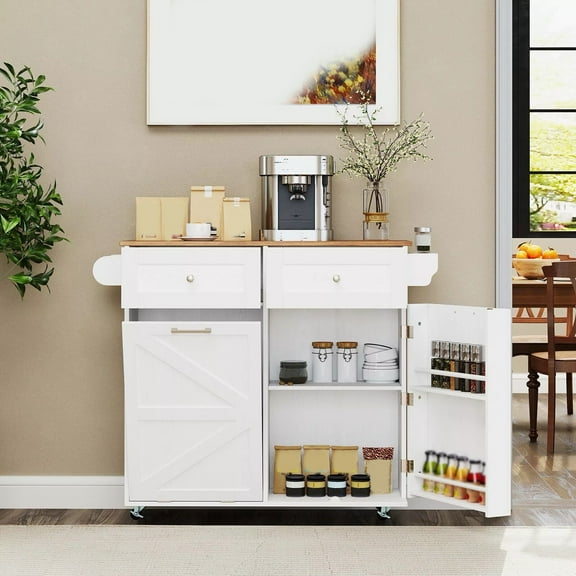 Auranook Rolling Kitchen Island with Drop Leaf, Kitchen Cart with Tilt Out Trash Can Cabinet, 2 Drawers, Storage Cabinet, Towel & Spice Rack, Mobile Island Table